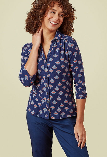 Adini Salina Cotton Jersey Button Shirt – Evening Blue Fan Print