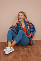 Adini Indred Trailing Botanical Reversible Quilted Kimono Jacket - Red Orange