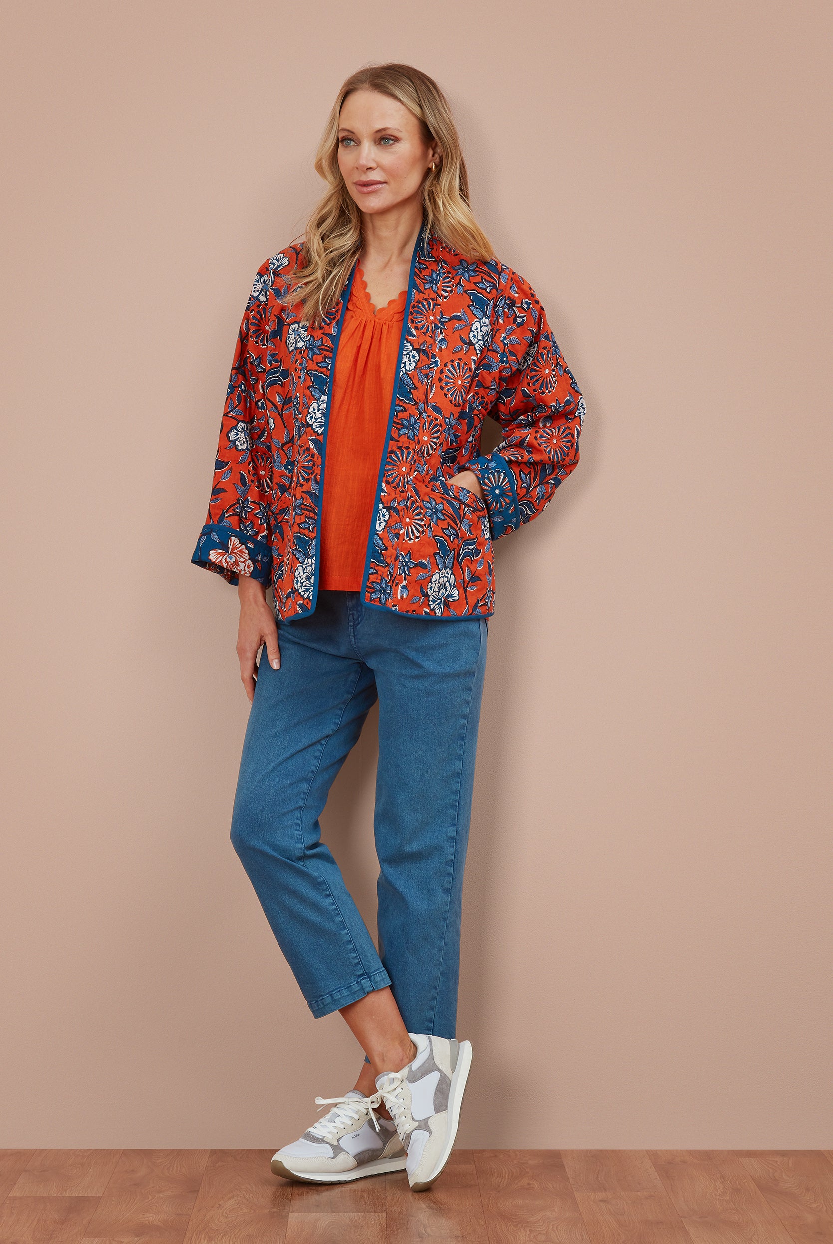 Adini Indred Trailing Botanical Reversible Quilted Kimono Jacket - Red Orange