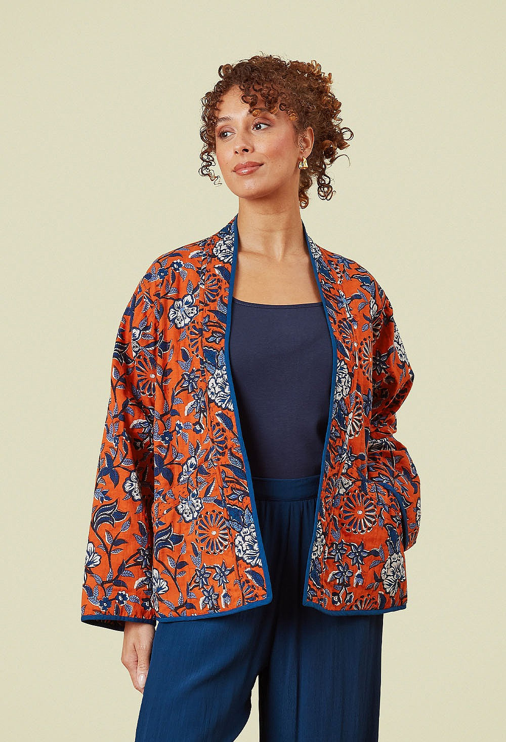 Adini Indred Trailing Botanical Reversible Quilted Kimono Jacket - Red Orange