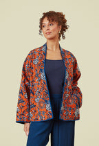 Adini Indred Trailing Botanical Reversible Quilted Kimono Jacket - Red Orange