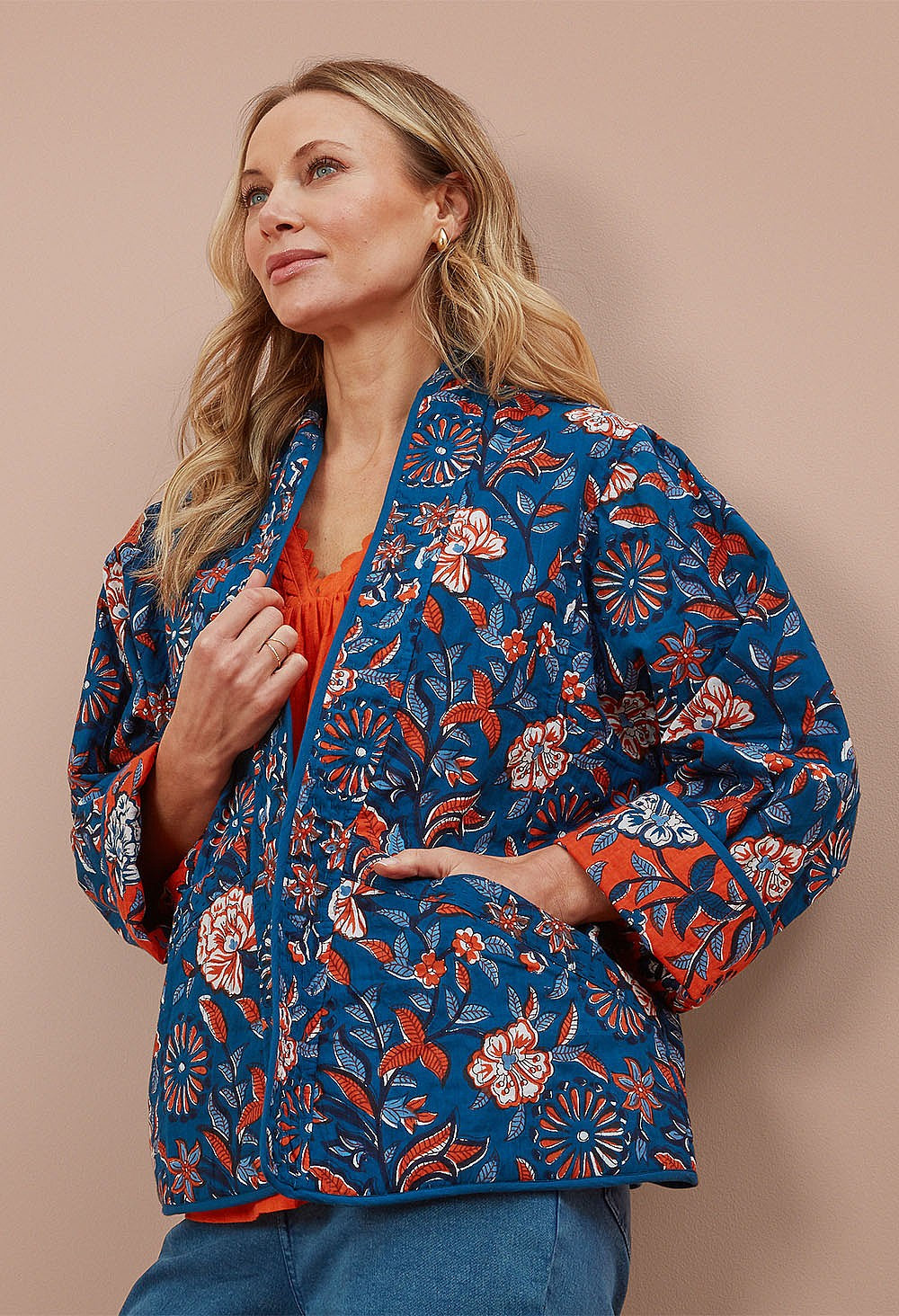 Adini Indred Trailing Botanical Reversible Quilted Kimono Jacket - Red Orange