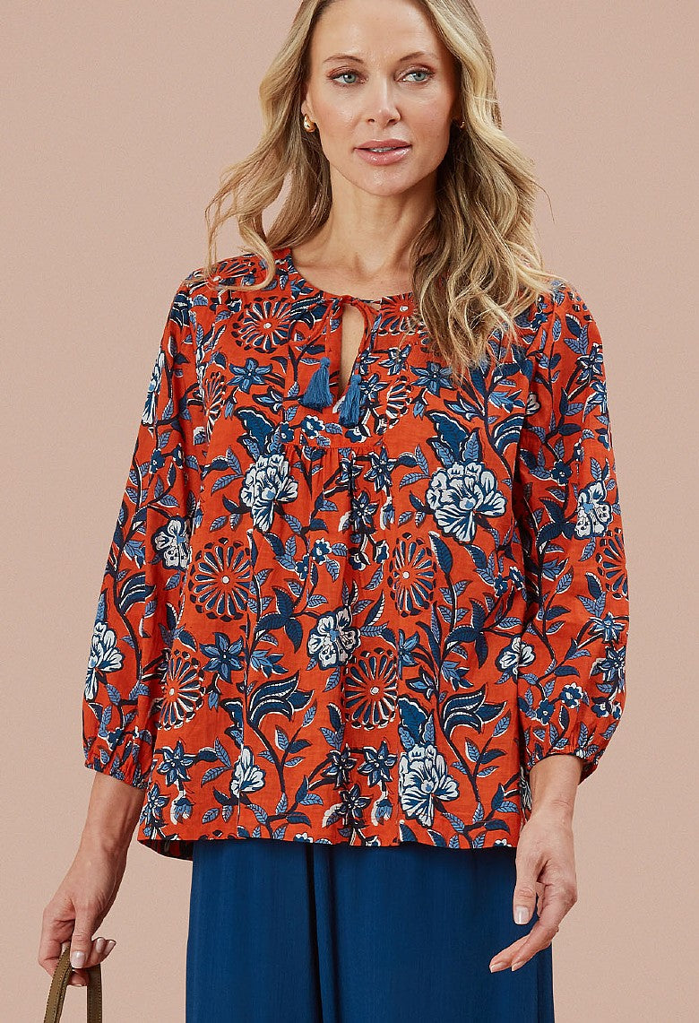 Adini Savinda Red Orange & Blue Trailing Flower Cotton Voile Top