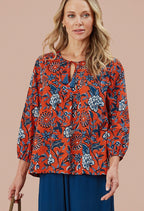 Adini Savinda Red Orange & Blue Trailing Flower Cotton Voile Top