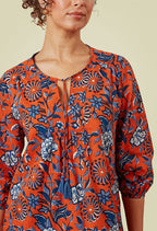 Adini Savinda Red Orange & Blue Trailing Flower Cotton Voile Top