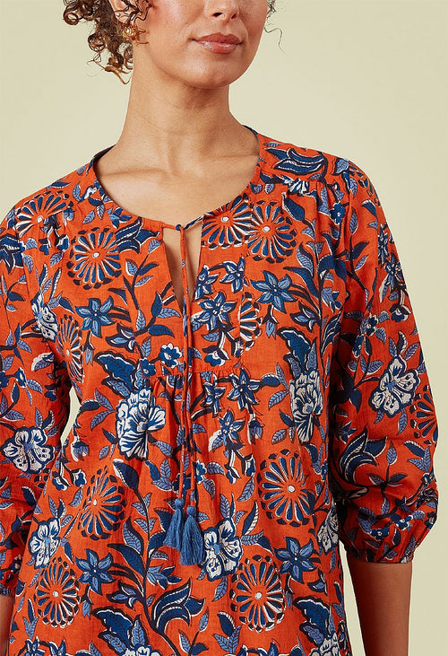 Adini Savinda Red Orange & Blue Trailing Flower Cotton Voile Top