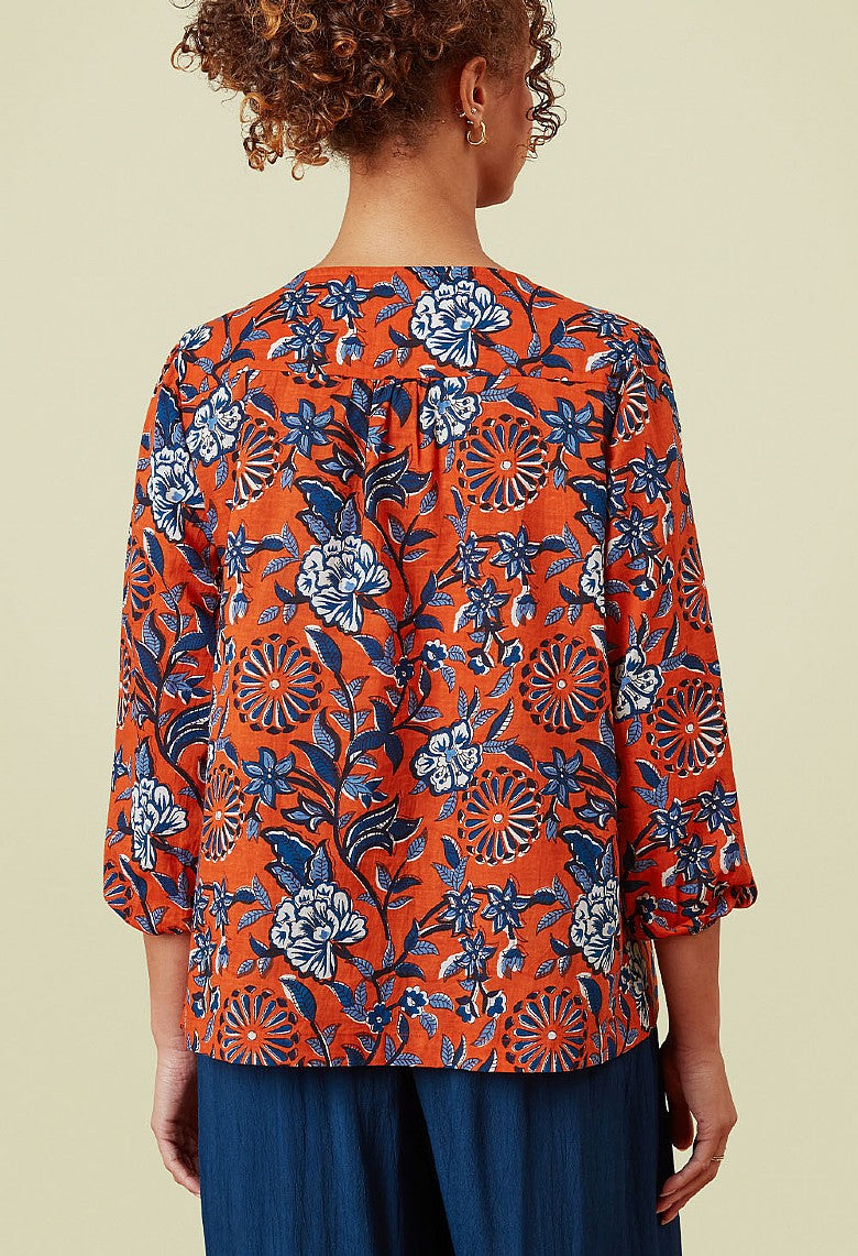 Adini Savinda Red Orange & Blue Trailing Flower Cotton Voile Top