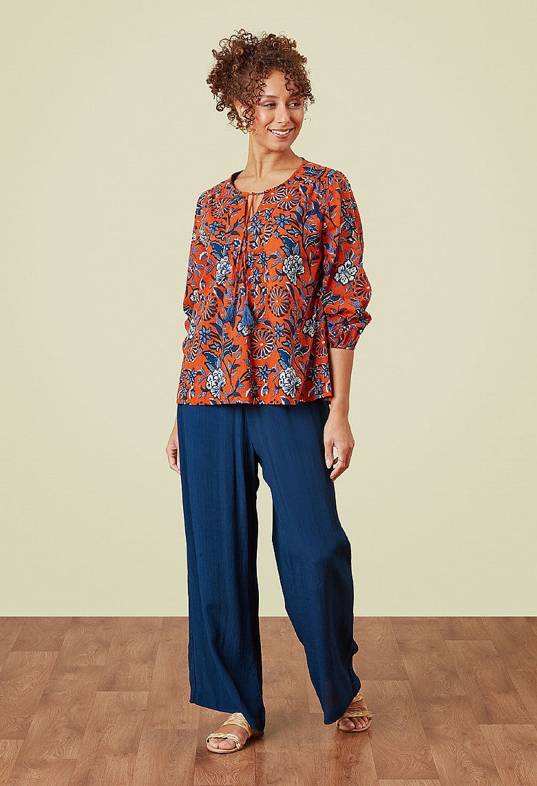 Adini Savinda Red Orange & Blue Trailing Flower Cotton Voile Top
