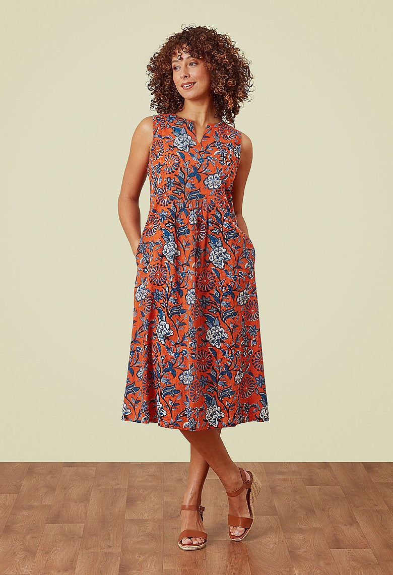 Adini Tasha Orange Blue Flower Print Sleeveless Cotton Midi Dress