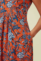 Adini Tasha Orange Blue Flower Print Sleeveless Cotton Midi Dress