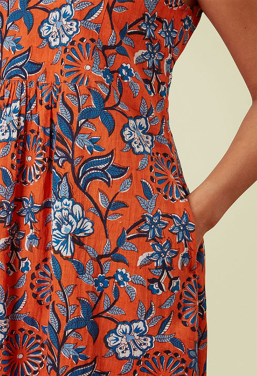 Adini Tasha Orange Blue Flower Print Sleeveless Cotton Midi Dress