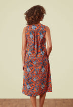 Adini Tasha Orange Blue Flower Print Sleeveless Cotton Midi Dress