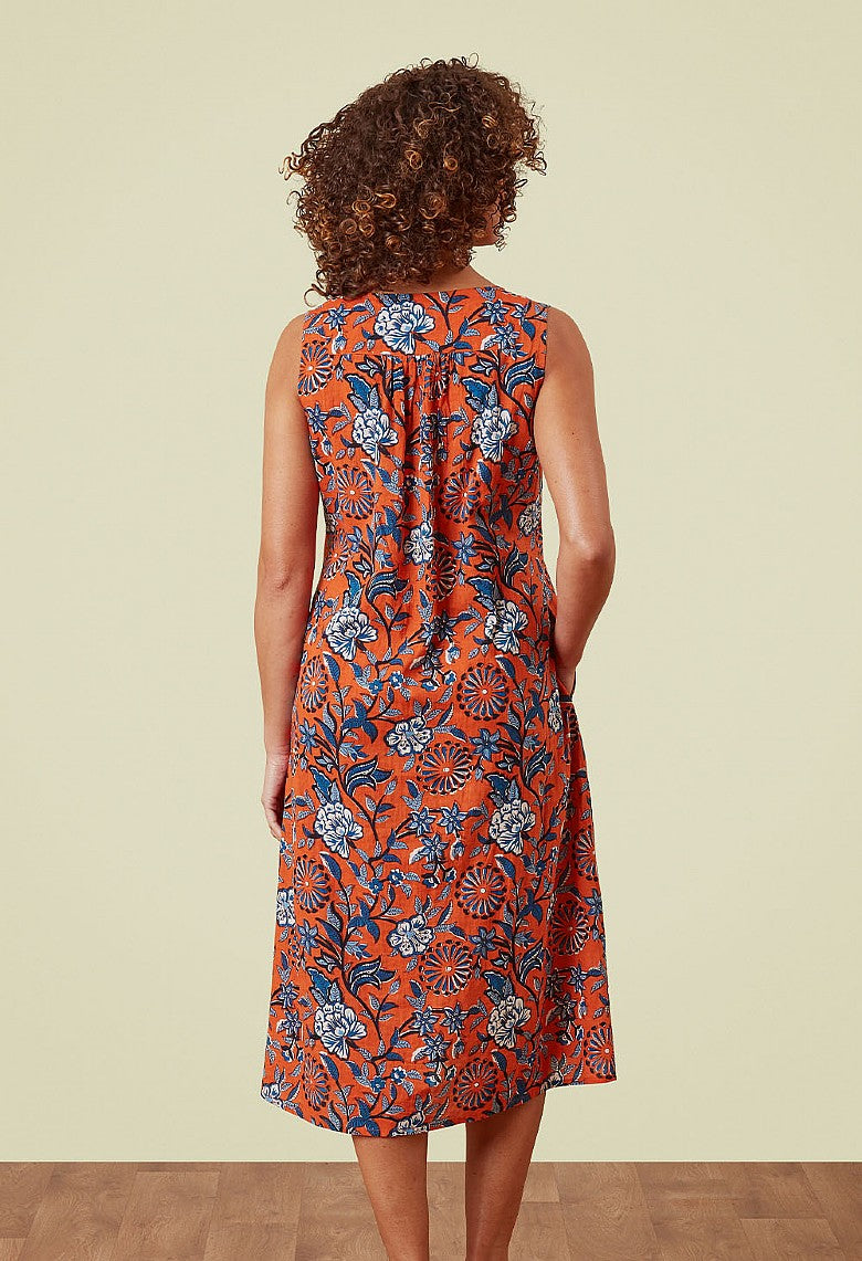 Adini Tasha Orange Blue Flower Print Sleeveless Cotton Midi Dress