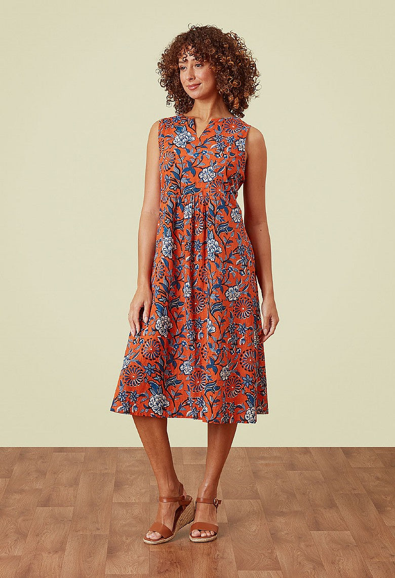 Adini Tasha Orange Blue Flower Print Sleeveless Cotton Midi Dress