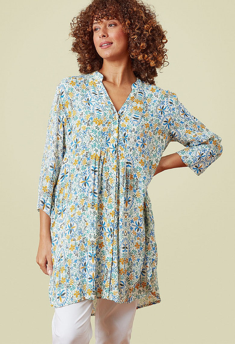 Adini Eastern Arches Viscose Crepe Tunic Dress Ivory Green Blue Floral