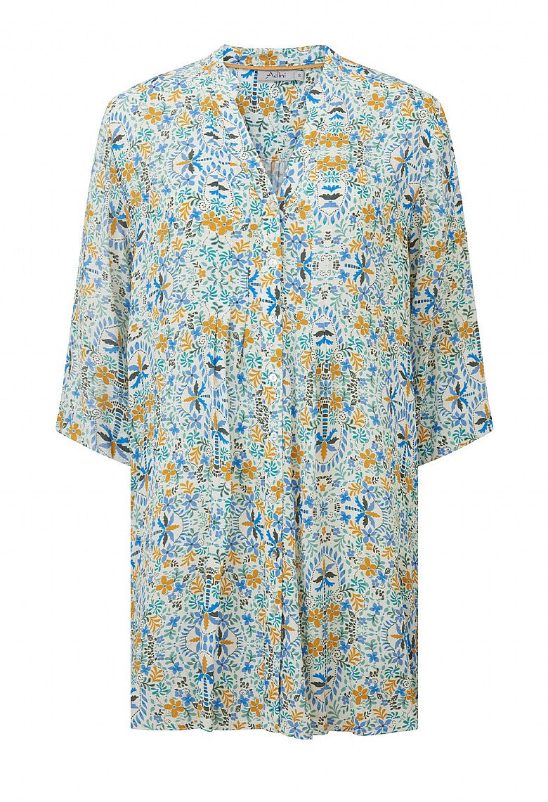 Adini Eastern Arches Viscose Crepe Tunic Dress Ivory Green Blue Floral