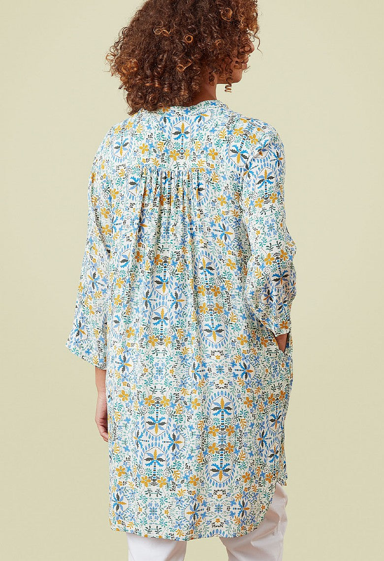 Adini Eastern Arches Viscose Crepe Tunic Dress Ivory Green Blue Floral