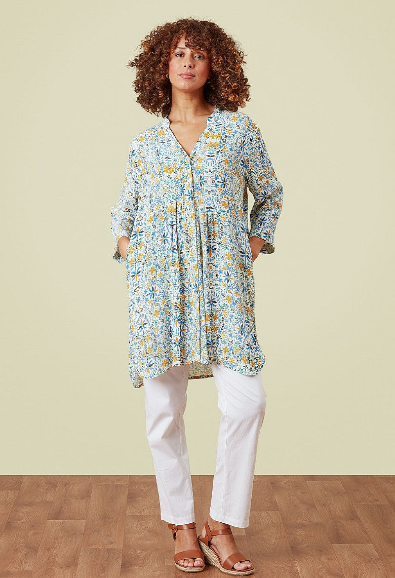 Adini Eastern Arches Viscose Crepe Tunic Dress Ivory Green Blue Floral