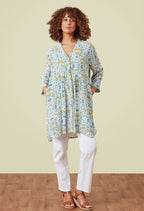 Adini Eastern Arches Viscose Crepe Tunic Dress Ivory Green Blue Floral