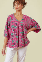 Adini Pink Green Juniper Flower Print Jersey Top