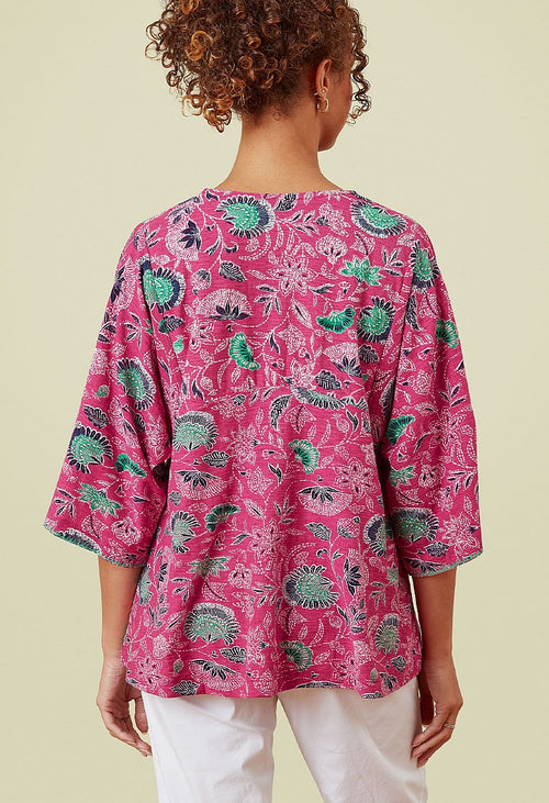 Adini Pink Green Juniper Flower Print Jersey Top