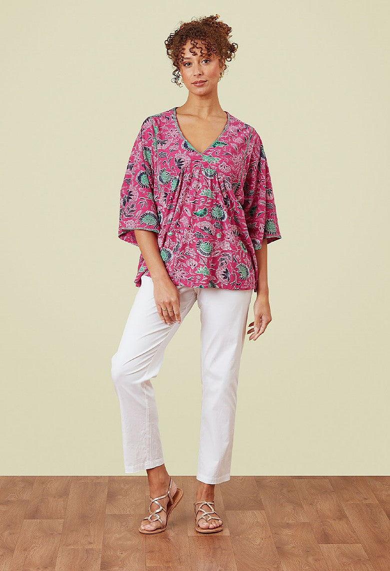 Adini Pink Green Juniper Flower Print Jersey Top