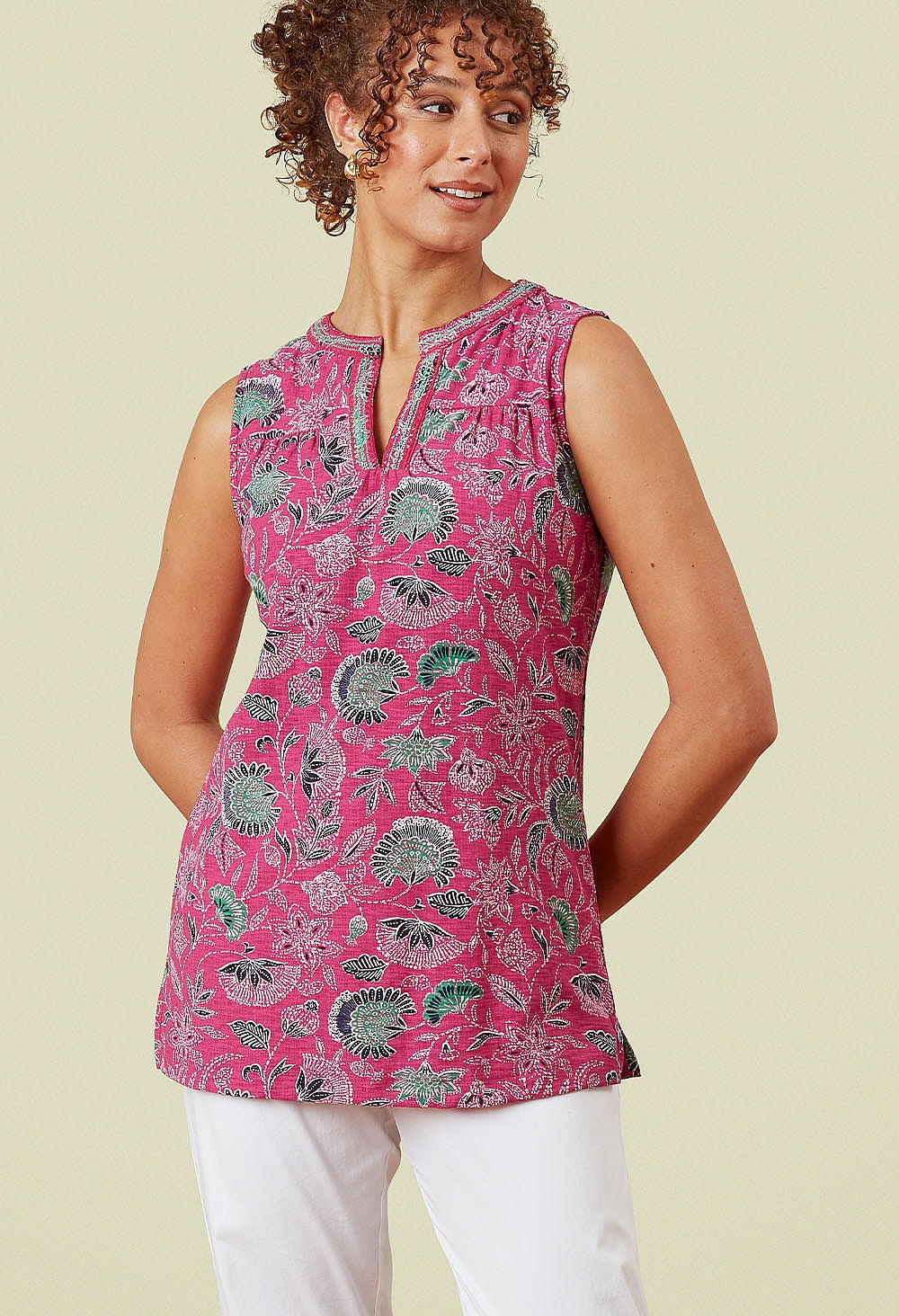 Adini Juniper Print Sleeveless Jersey Slub Tunic Top Pink Multi