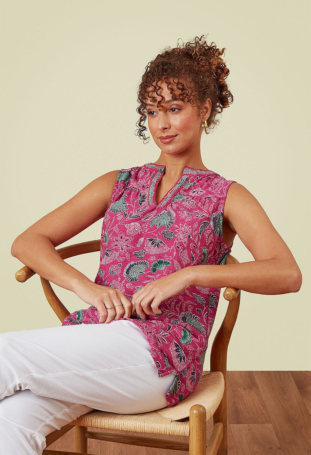 Adini Juniper Print Sleeveless Jersey Slub Tunic Top Pink Multi