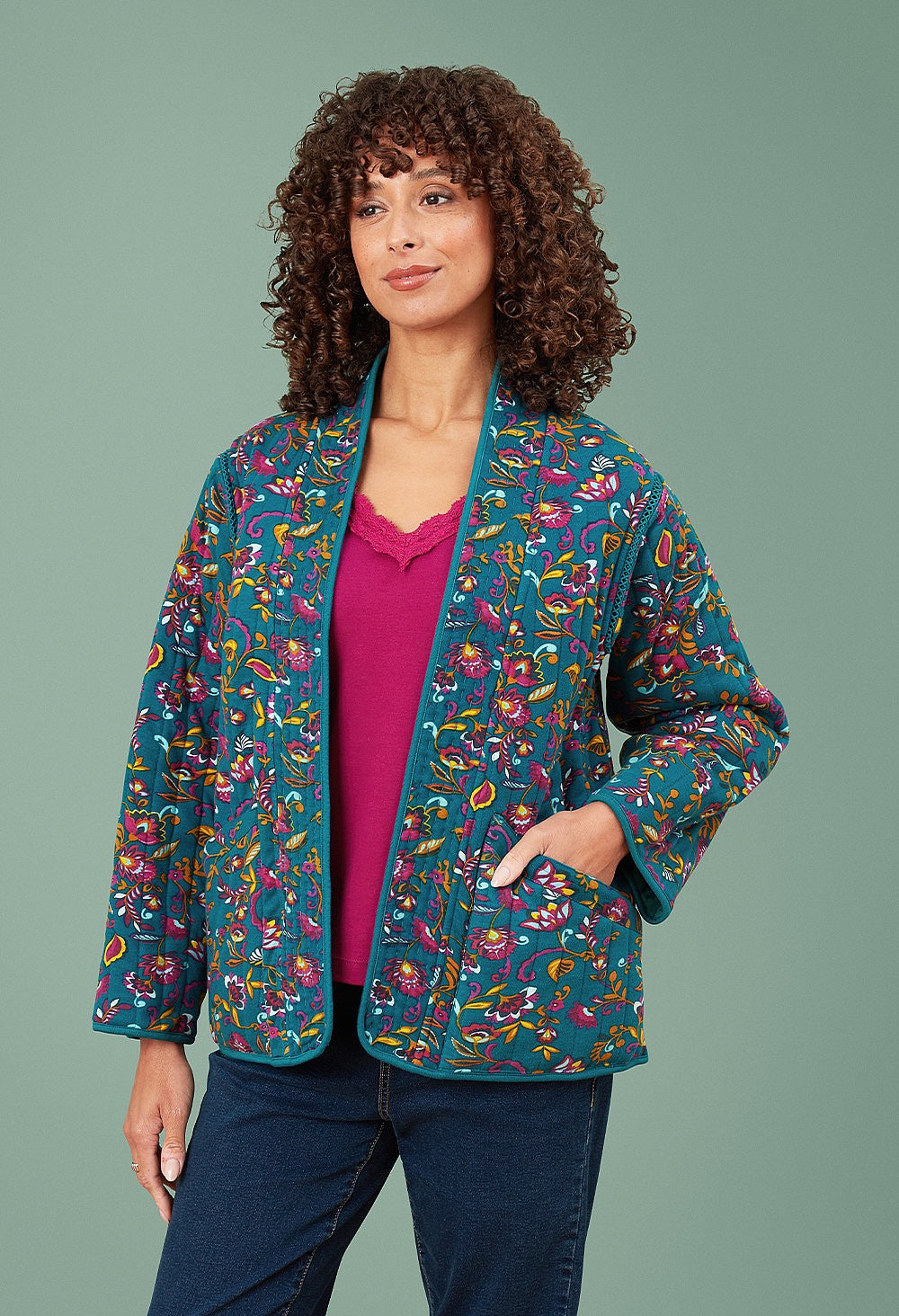 Adini Kiri Reversible Quilted Jersey Carnation Print Kimono Jacket