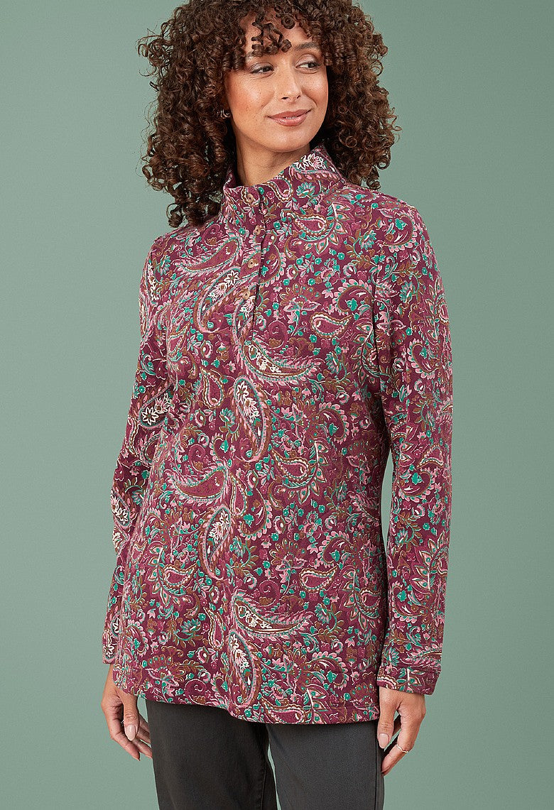 Adini Noorani Plum Brushed Inner Jersey Cotton Paisley Tunic Length Sweater