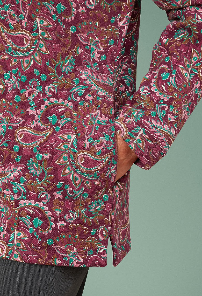 Adini Noorani Plum Brushed Inner Jersey Cotton Paisley Tunic Length Sweater