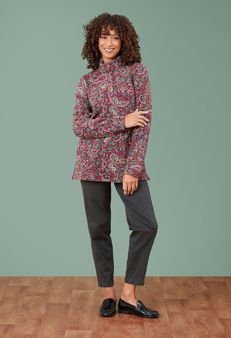 Adini Noorani Plum Brushed Inner Jersey Cotton Paisley Tunic Length Sweater