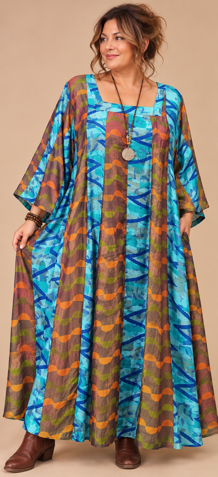 Siesta Boho Fantasy Panelled Long Smock Dress - Chocolate/Turquoise or Green/Chocolate