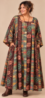 Siesta Boho Fantasy Panelled Long Smock Dress - Chocolate/Turquoise or Green/Chocolate