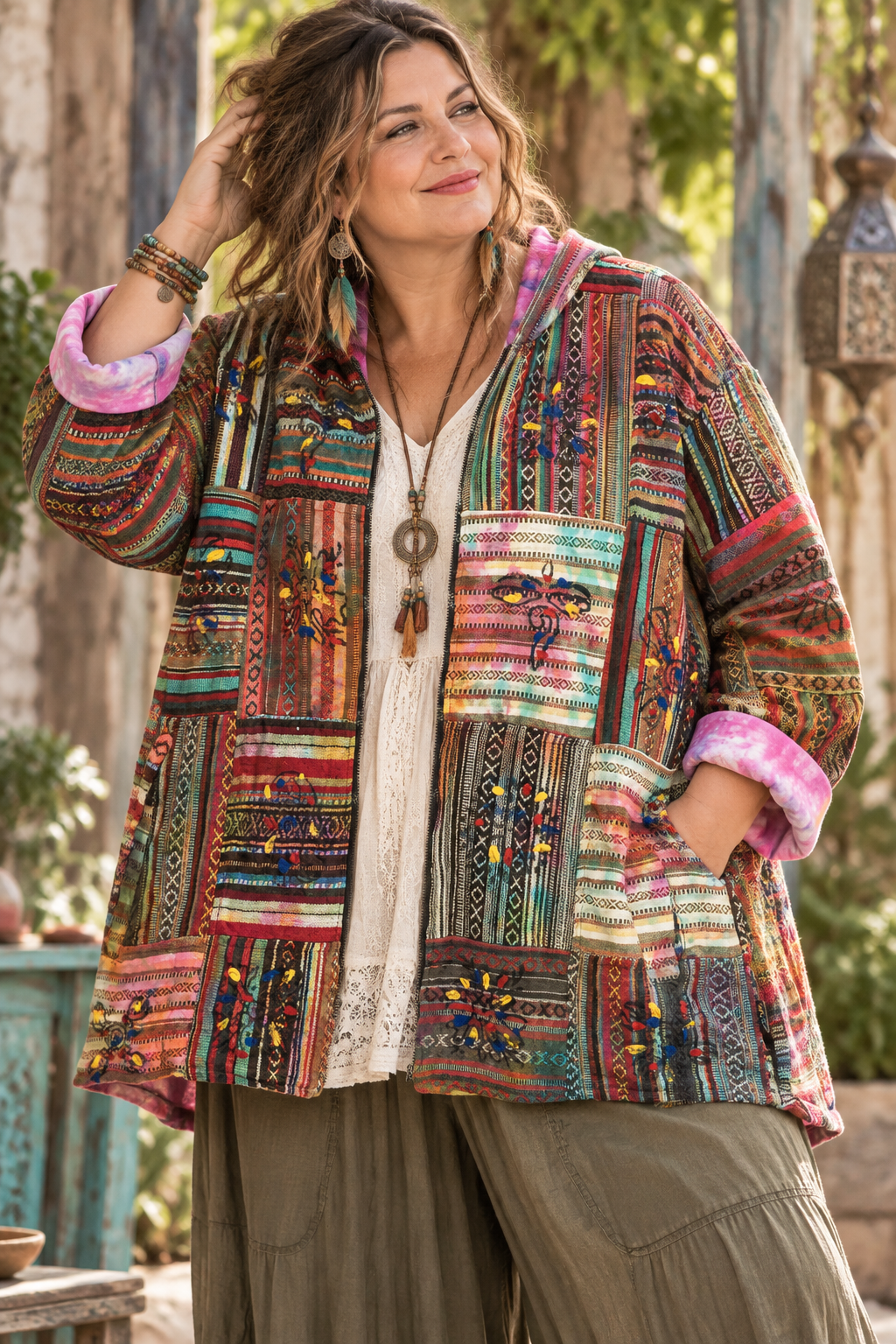Gringo Fairtrade Ethnic Tie Dye Cotton Gheri Weave Patchwork Jacket - XL