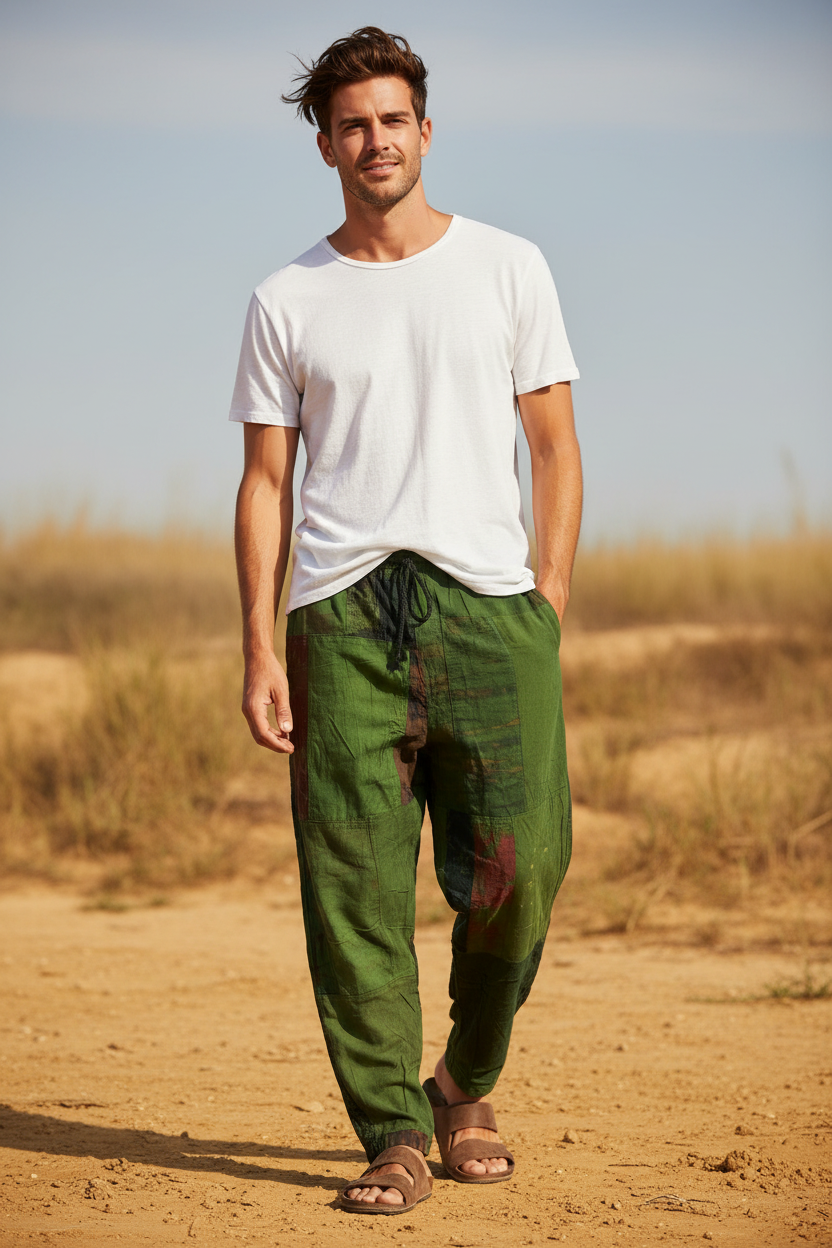Gringo Fairtrade Indonesian Green Patchwork Trousers ~ Small