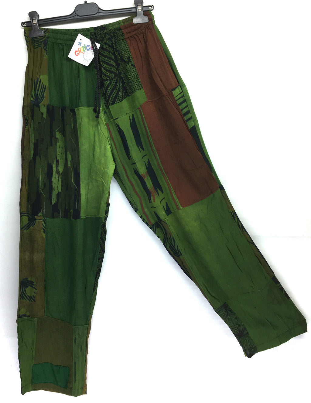 Gringo Fairtrade Unisex Green Patchwork Hippie Trousers Relaxed Fit ~ Small
