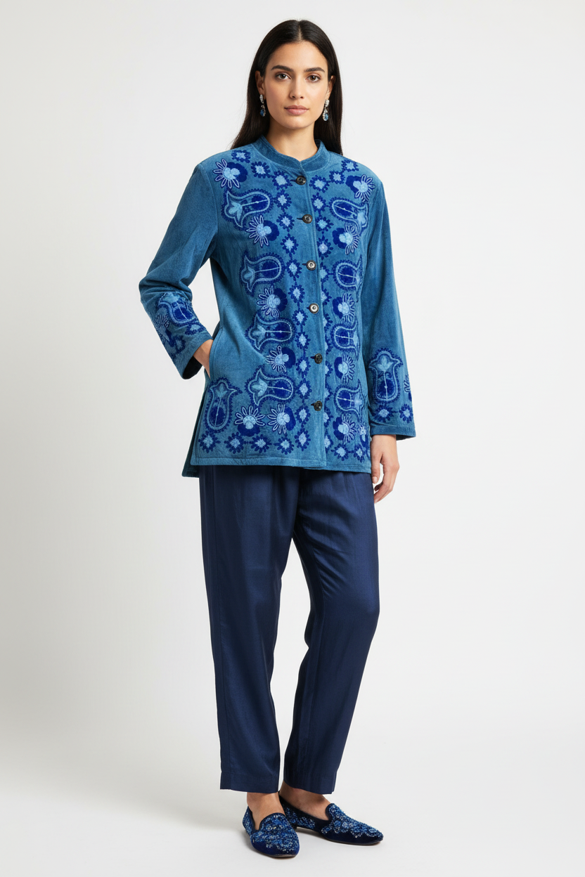 Gringo Fairtrade Petrol Blue Velvet Jacket ~ M/L