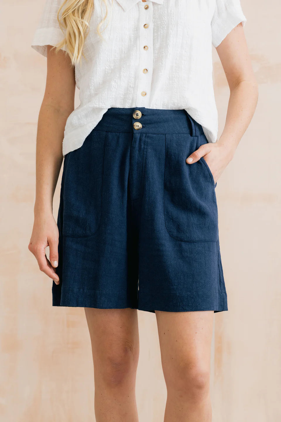 Lily & Me Naomi Navy Linen Blend Shorts