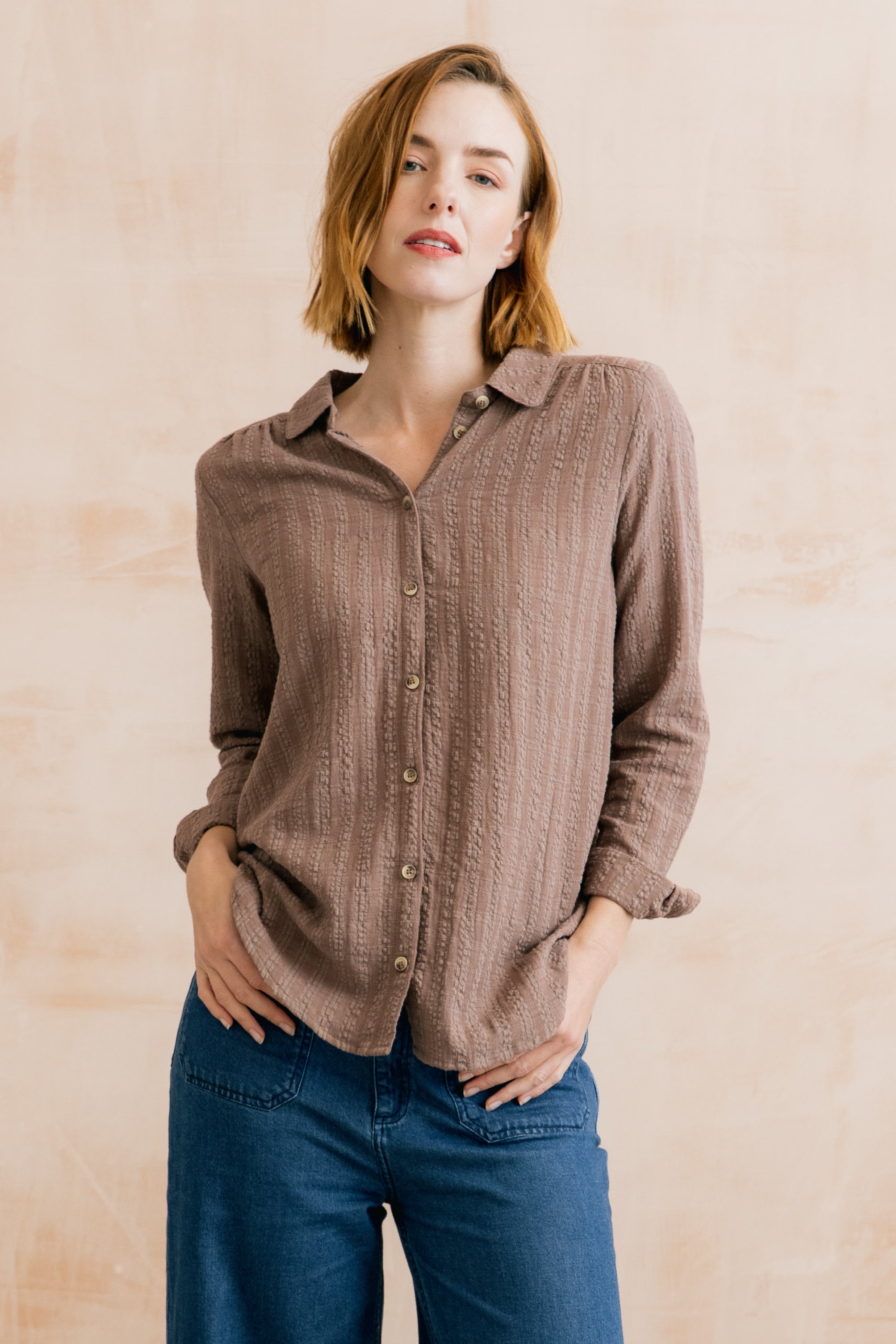 Lily & Me Savannah Seersucker Shirt ~ Mocha