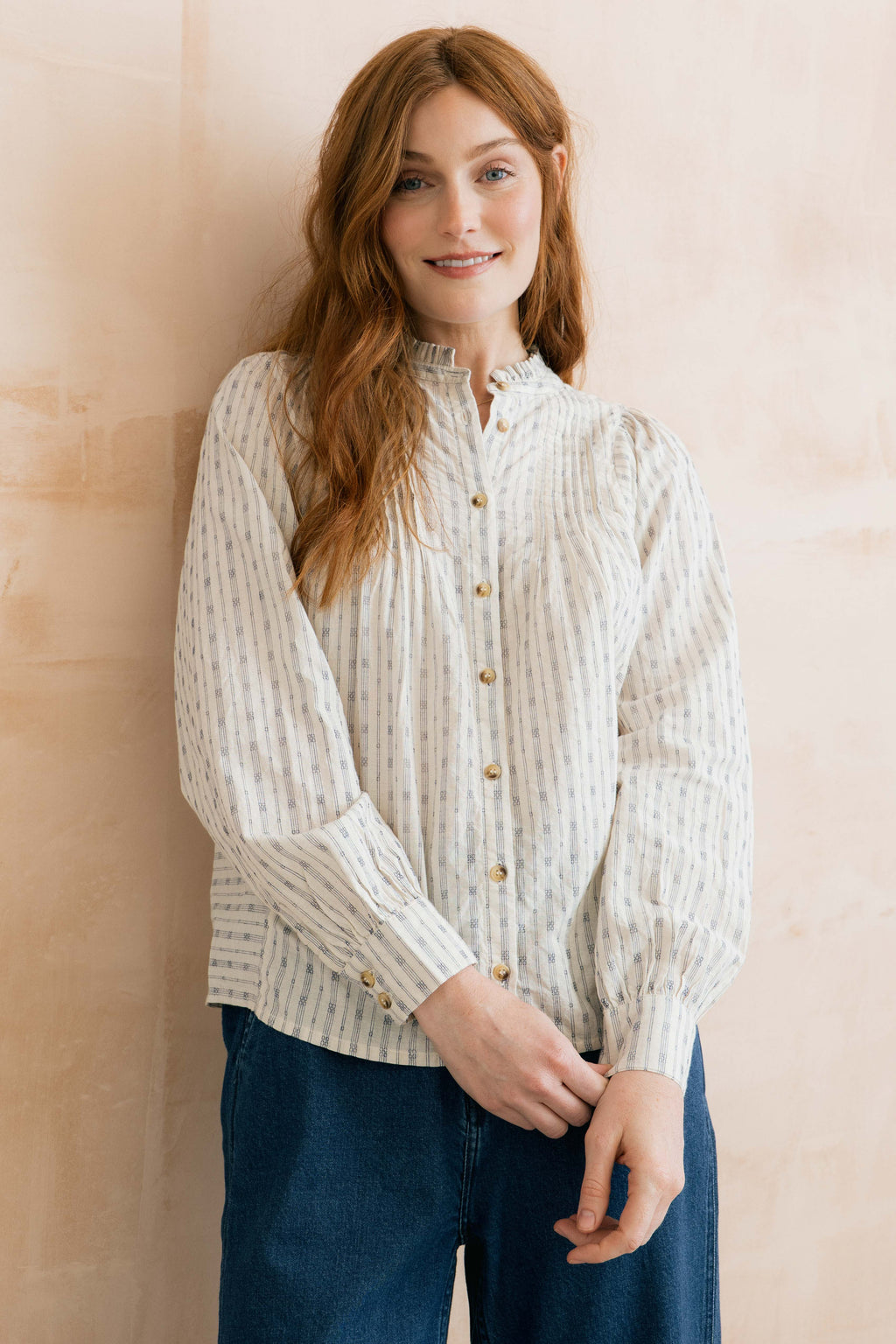 Lily & Me Flora Woven Cotton Embroidered Floral Blouse - Navy/Ecru