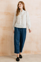 Lily & Me Flora Woven Cotton Embroidered Floral Blouse - Navy/Ecru