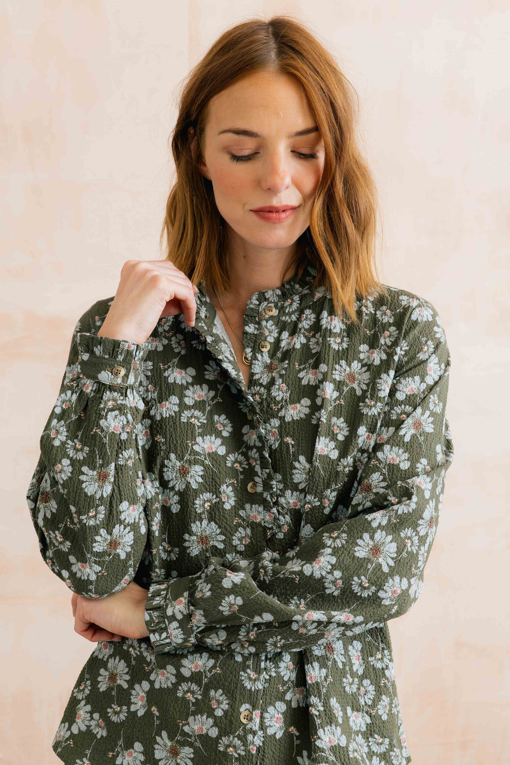 Lily & Me Rachel Frill Front Textured Cotton Crepe Blooms Blouse - Dark Olive