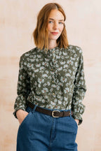 Lily & Me Rachel Frill Front Textured Cotton Crepe Blooms Blouse - Dark Olive