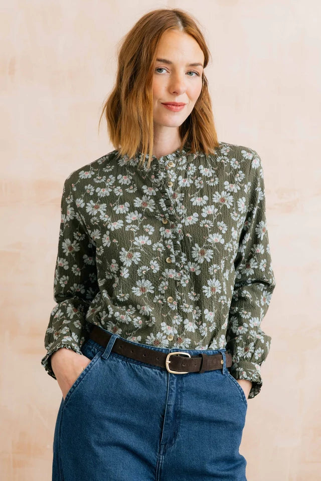 Lily & Me Rachel Frill Front Textured Cotton Crepe Blooms Blouse - Dark Olive