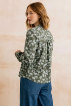 Lily & Me Rachel Frill Front Textured Cotton Crepe Blooms Blouse - Dark Olive