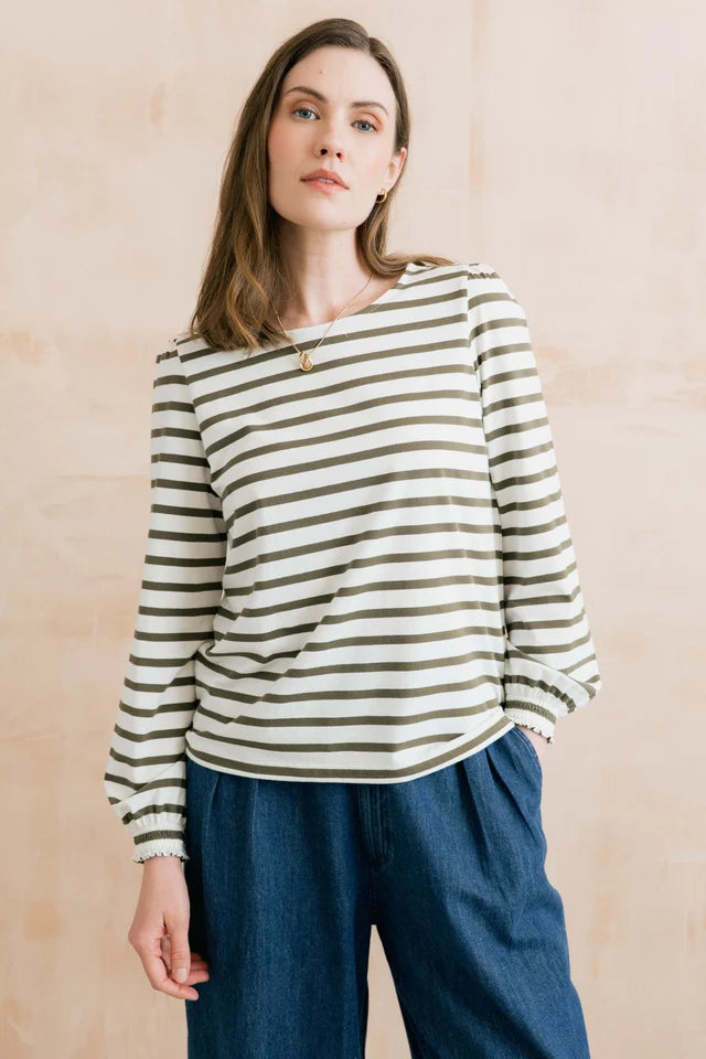 Lily & Me Caroline Jersey Striped Top - Olive/Ecru