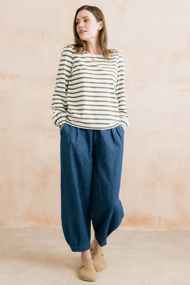 Lily & Me Caroline Jersey Striped Top - Olive/Ecru