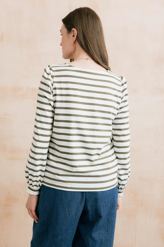 Lily & Me Caroline Jersey Striped Top - Olive/Ecru