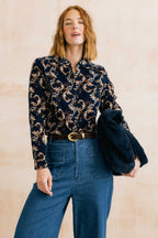 Lily & Me Beech Trailing Leaves Cotton Cord Shirt - Navy/Chocolate
